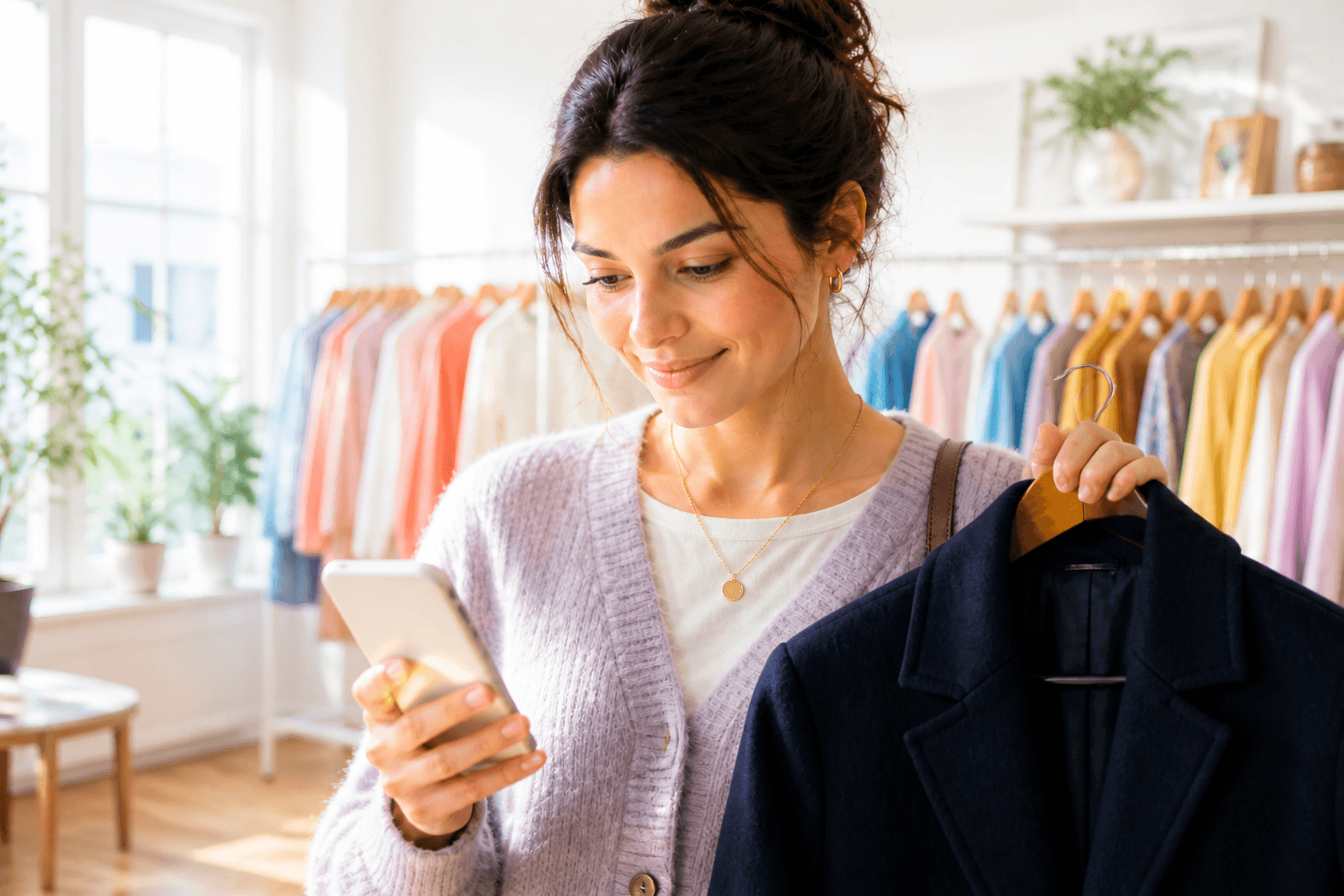 A shopper checking a reply on their phone while holding a coat