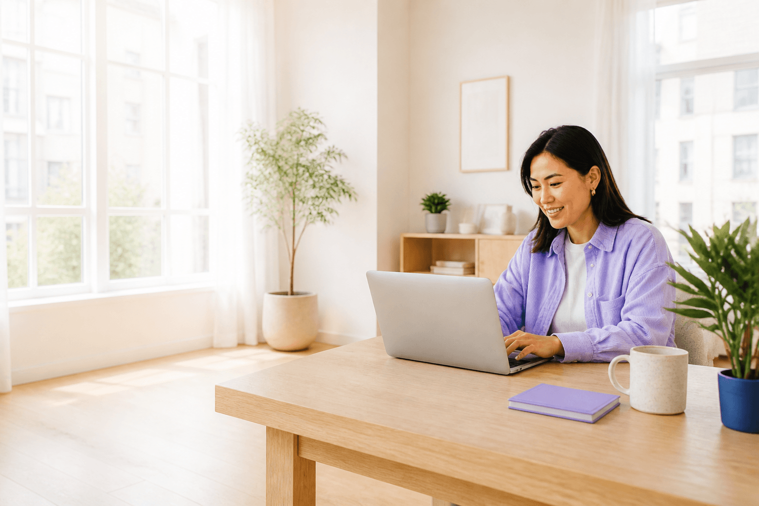 An operator at her desk in daylight, ready when a visitor needs a person